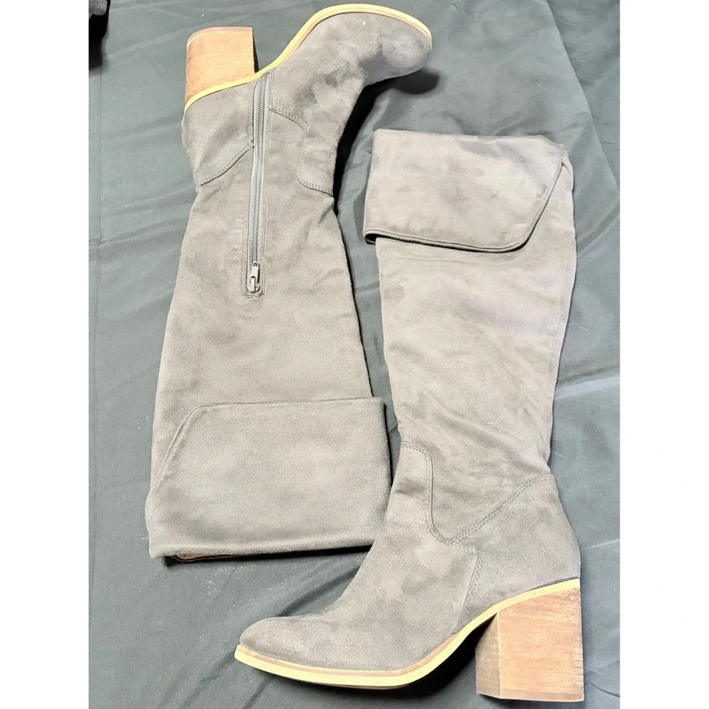 Melrose and Market Grey‎ Faux Suede Over The Knee Block Heel Boots Womens 8M
